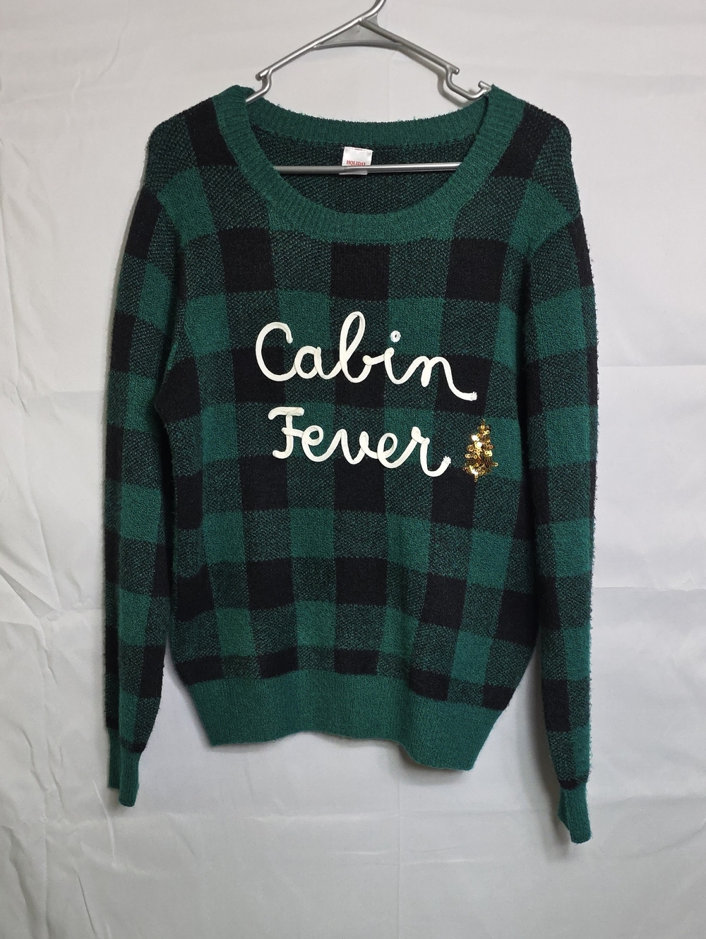 Cabin Fever Green Plaid Women's Sweater Large W Gold Tree On The Sweater (W723)